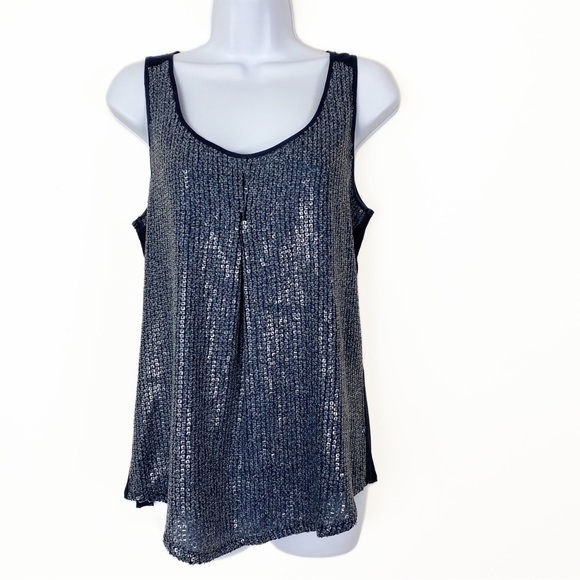 ECRU Navy Sequin Flowy Tank Top Date Night Cocktail Event Size Medium Keyhole - Picture 1 of 5